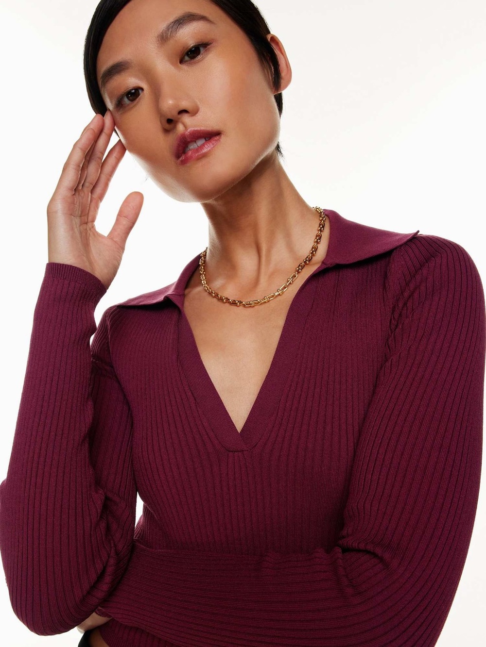 Aritzia Ribbed Long Sleeve V-Neck Top in Plum